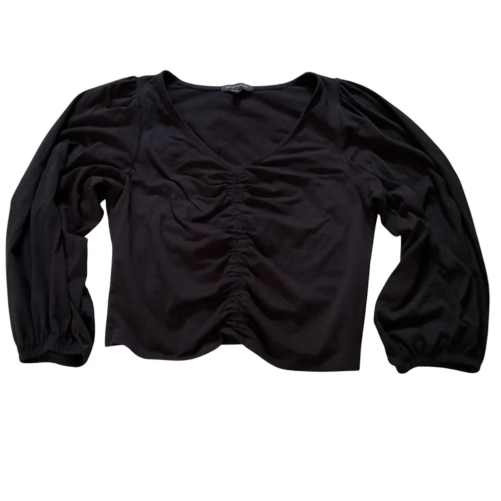Banana Republic Black Ruched V-Neck Puff Sleeve Knit Top Large